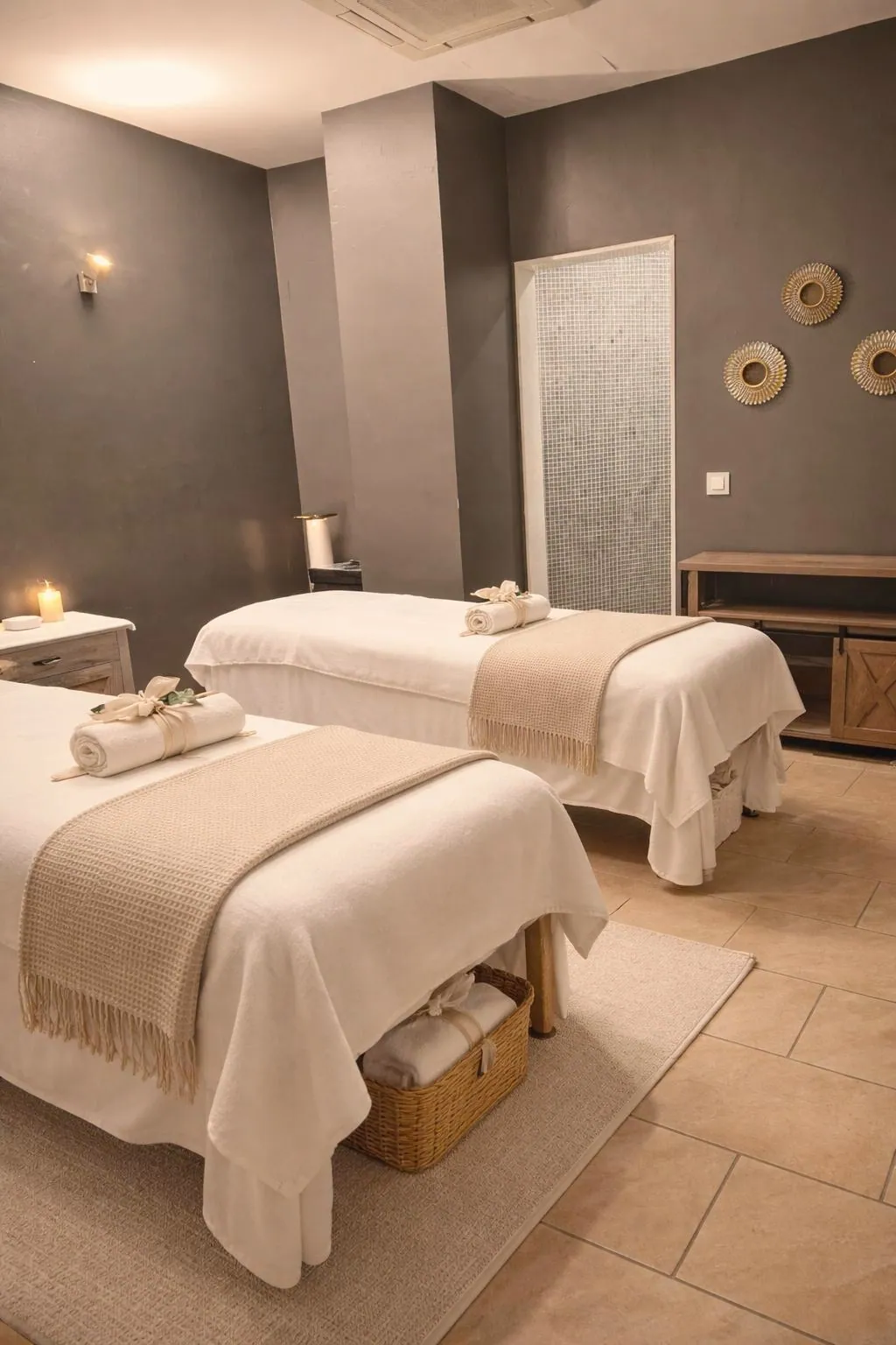 Massage room for two with two prepared tables and warm lighting